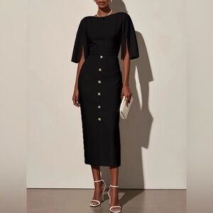Slit Sleeve Midi Dress with Decorative Button